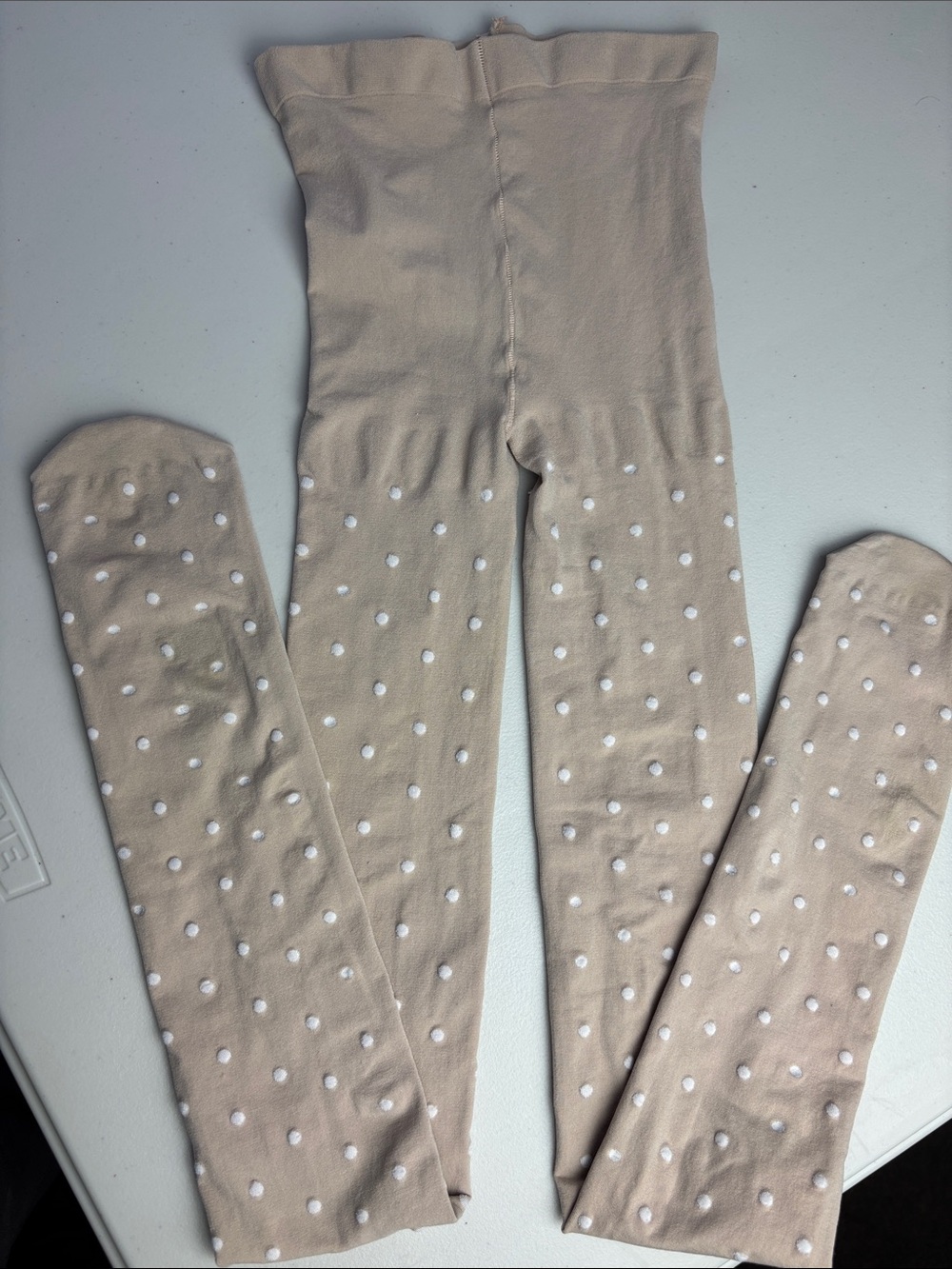 Vintage Unbranded Polka Dot Textured Tights - Tan with White Swiss-dot